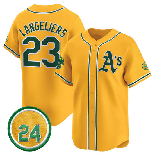 Oakland Athletics #23 Shea Langeliers Yellow 2024 Limited With Rickey Henderson Patch Stitched Baseball Jersey