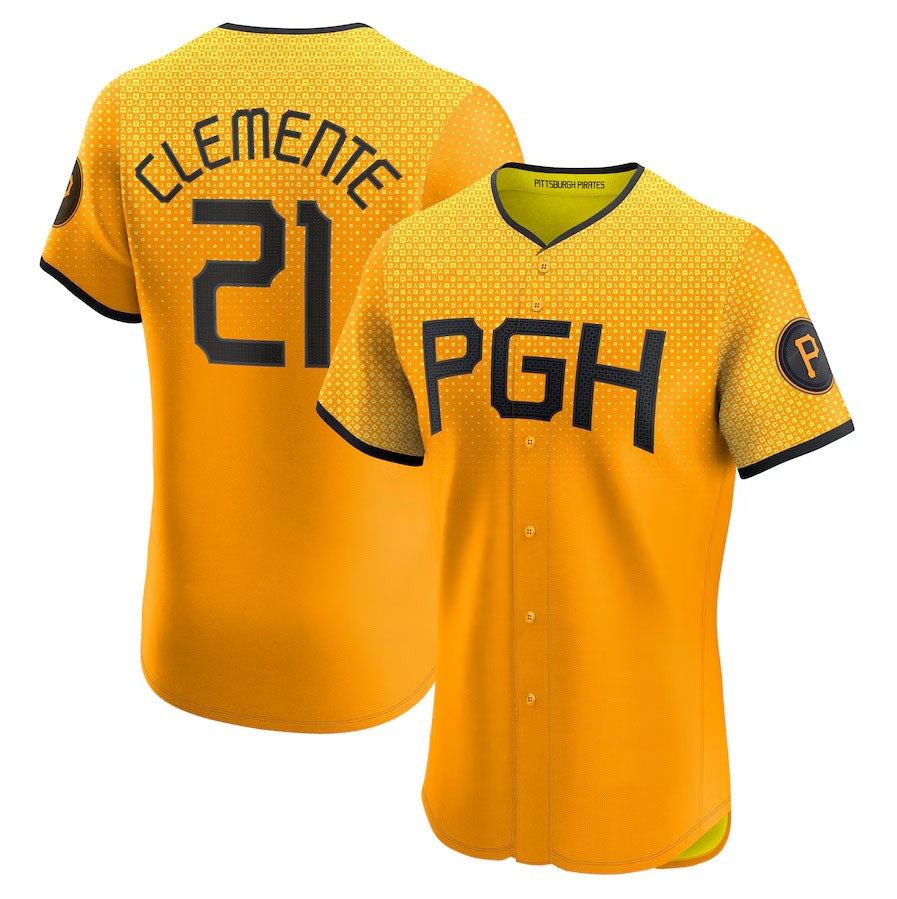 Pittsburgh Pirates #21 Roberto Clemente City Connect Elite Player Jersey - Gold Stitched Baseball Jersey