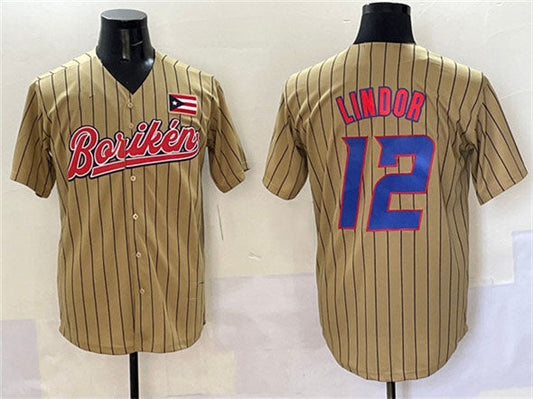 Puerto Rico Baseball #12 Francisco Lindor Tan 2023 World Baseball Classic Stitched Baseball Jersey