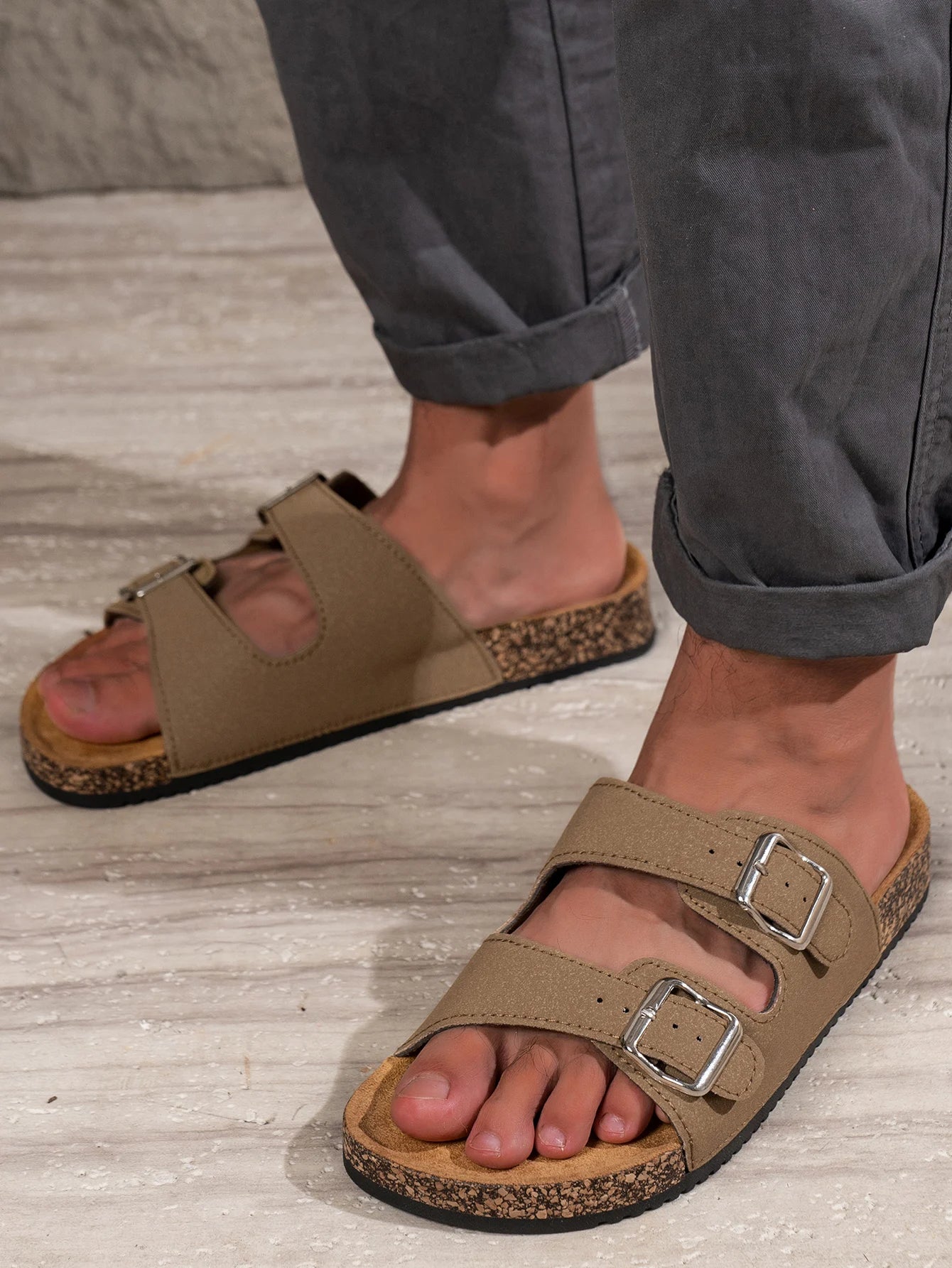 Men's Teen Mules New Spring and Summer Retro Casual Slip-On Shoes Pu Upper Double Strap Half Slippers with Adjustable Buckle