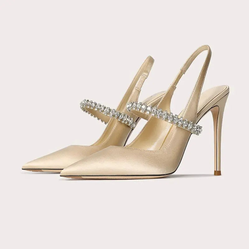 Zapatos Mujer Sandals Women Satin High Heels Wedding Prom Shoes Summer Fashion Silk Diamond Pointed Back Strap Heels