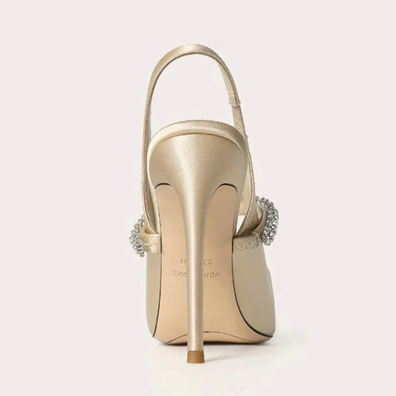 Zapatos Mujer Sandals Women Satin High Heels Wedding Prom Shoes Summer Fashion Silk Diamond Pointed Back Strap Heels