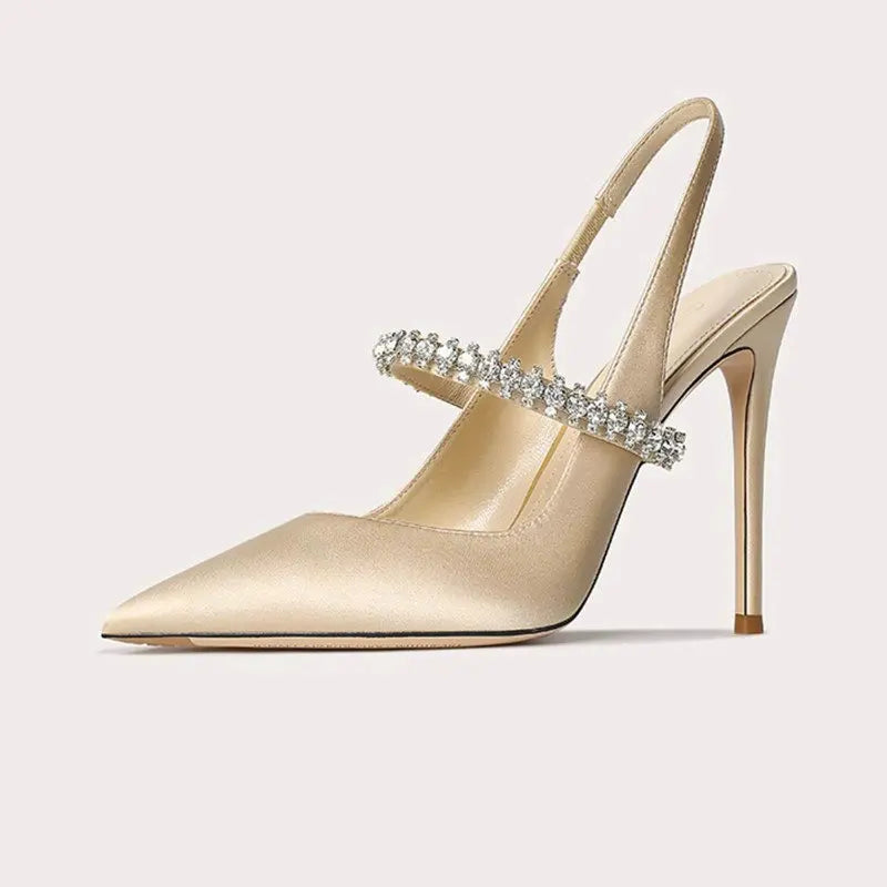 Zapatos Mujer Sandals Women Satin High Heels Wedding Prom Shoes Summer Fashion Silk Diamond Pointed Back Strap Heels