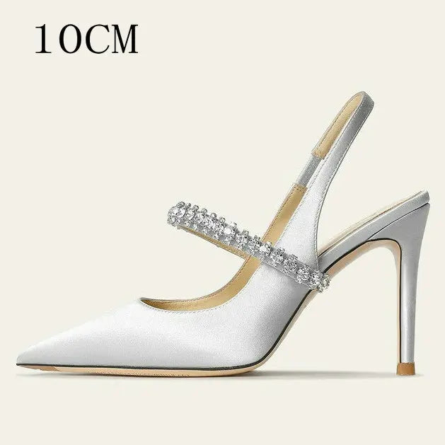 Zapatos Mujer Sandals Women Satin High Heels Wedding Prom Shoes Summer Fashion Silk Diamond Pointed Back Strap Heels