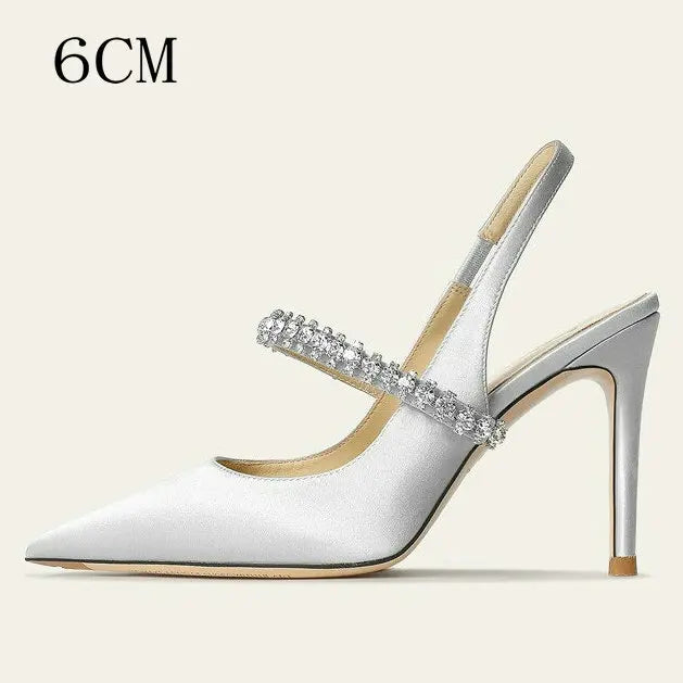 Zapatos Mujer Sandals Women Satin High Heels Wedding Prom Shoes Summer Fashion Silk Diamond Pointed Back Strap Heels