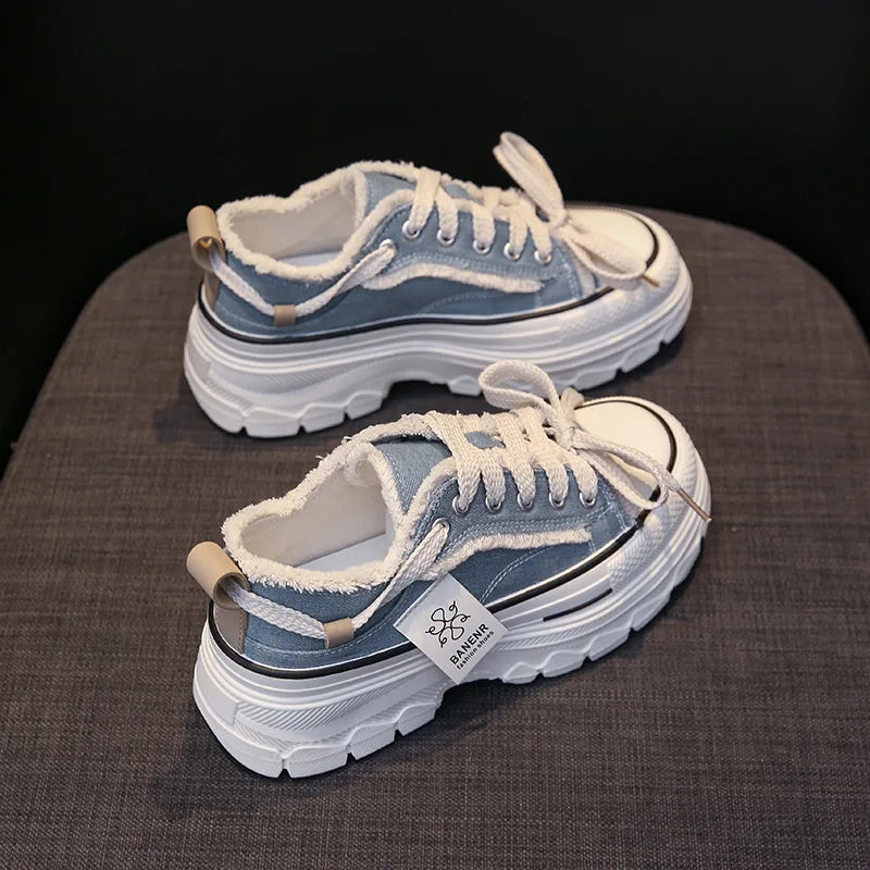 2025 Autumn New Women's Canvas Shoes Round Head Thick Soles Fringed Denim Casual Shoes Increased Height Sports