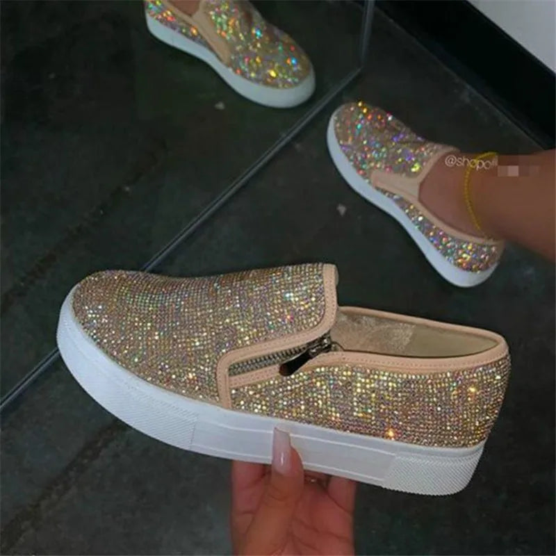 Ladies Flat Casual Single Shoes Fashion 2024 Autumn Rhinestone Bling Sewing Platform Loafers Luxury Shoes Comfortable Shoes