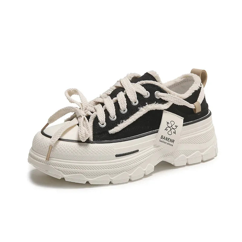 2025 Autumn New Women's Canvas Shoes Round Head Thick Soles Fringed Denim Casual Shoes Increased Height Sports