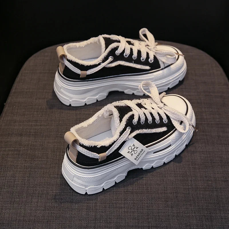 2025 Autumn New Women's Canvas Shoes Round Head Thick Soles Fringed Denim Casual Shoes Increased Height Sports
