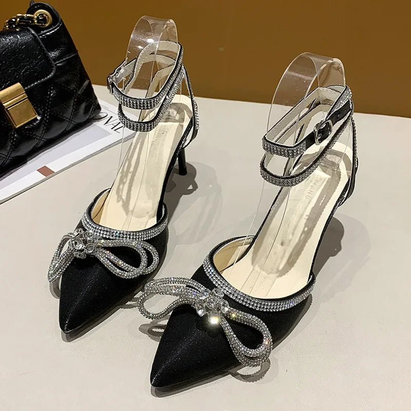 Banquet Dress White High Heels Elegant Temperament Dress Wedding Shoes Rhinestone Pointed Hollow Toe Sexy Sandals for Women