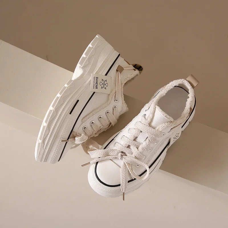 2025 Autumn New Women's Canvas Shoes Round Head Thick Soles Fringed Denim Casual Shoes Increased Height Sports