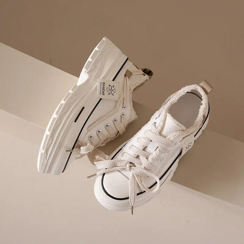2025 Autumn New Women's Canvas Shoes Round Head Thick Soles Fringed Denim Casual Shoes Increased Height Sports