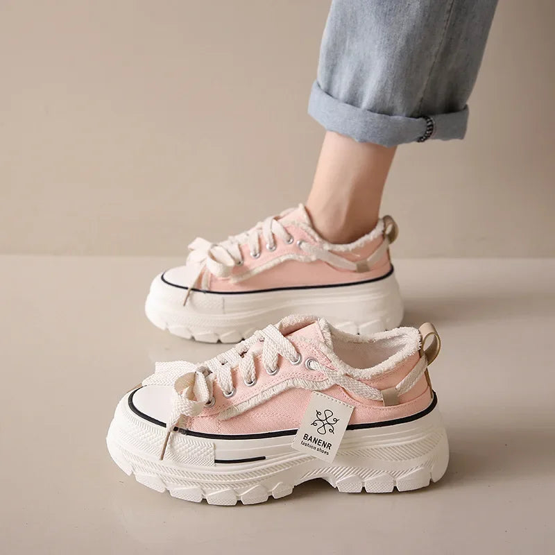 2025 Autumn New Women's Canvas Shoes Round Head Thick Soles Fringed Denim Casual Shoes Increased Height Sports
