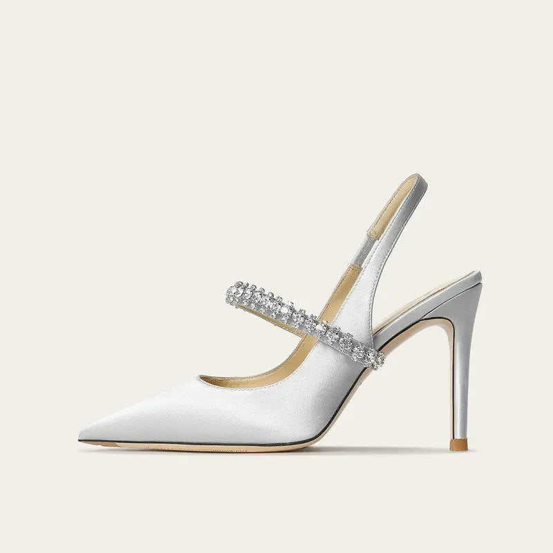 Zapatos Mujer Sandals Women Satin High Heels Wedding Prom Shoes Summer Fashion Silk Diamond Pointed Back Strap Heels
