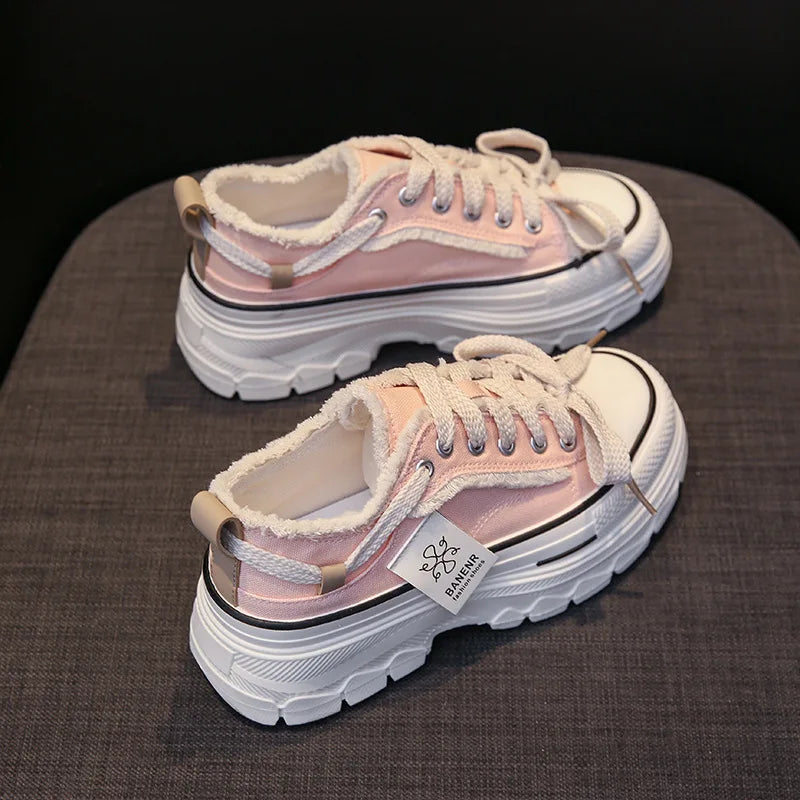 2025 Autumn New Women's Canvas Shoes Round Head Thick Soles Fringed Denim Casual Shoes Increased Height Sports