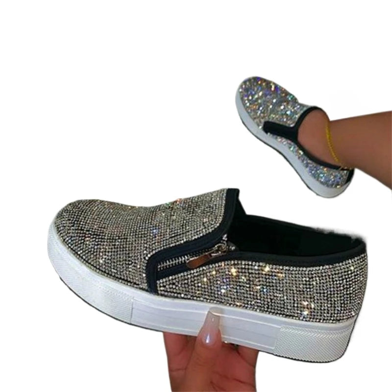 Ladies Flat Casual Single Shoes Fashion 2024 Autumn Rhinestone Bling Sewing Platform Loafers Luxury Shoes Comfortable Shoes