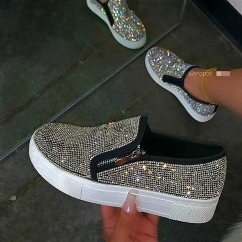 Ladies Flat Casual Single Shoes Fashion 2024 Autumn Rhinestone Bling Sewing Platform Loafers Luxury Shoes Comfortable Shoes