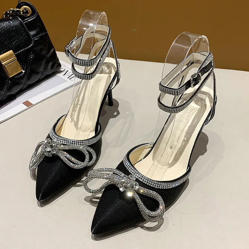 Banquet Dress White High Heels Elegant Temperament Dress Wedding Shoes Rhinestone Pointed Hollow Toe Sexy Sandals for Women