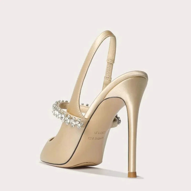 Zapatos Mujer Sandals Women Satin High Heels Wedding Prom Shoes Summer Fashion Silk Diamond Pointed Back Strap Heels