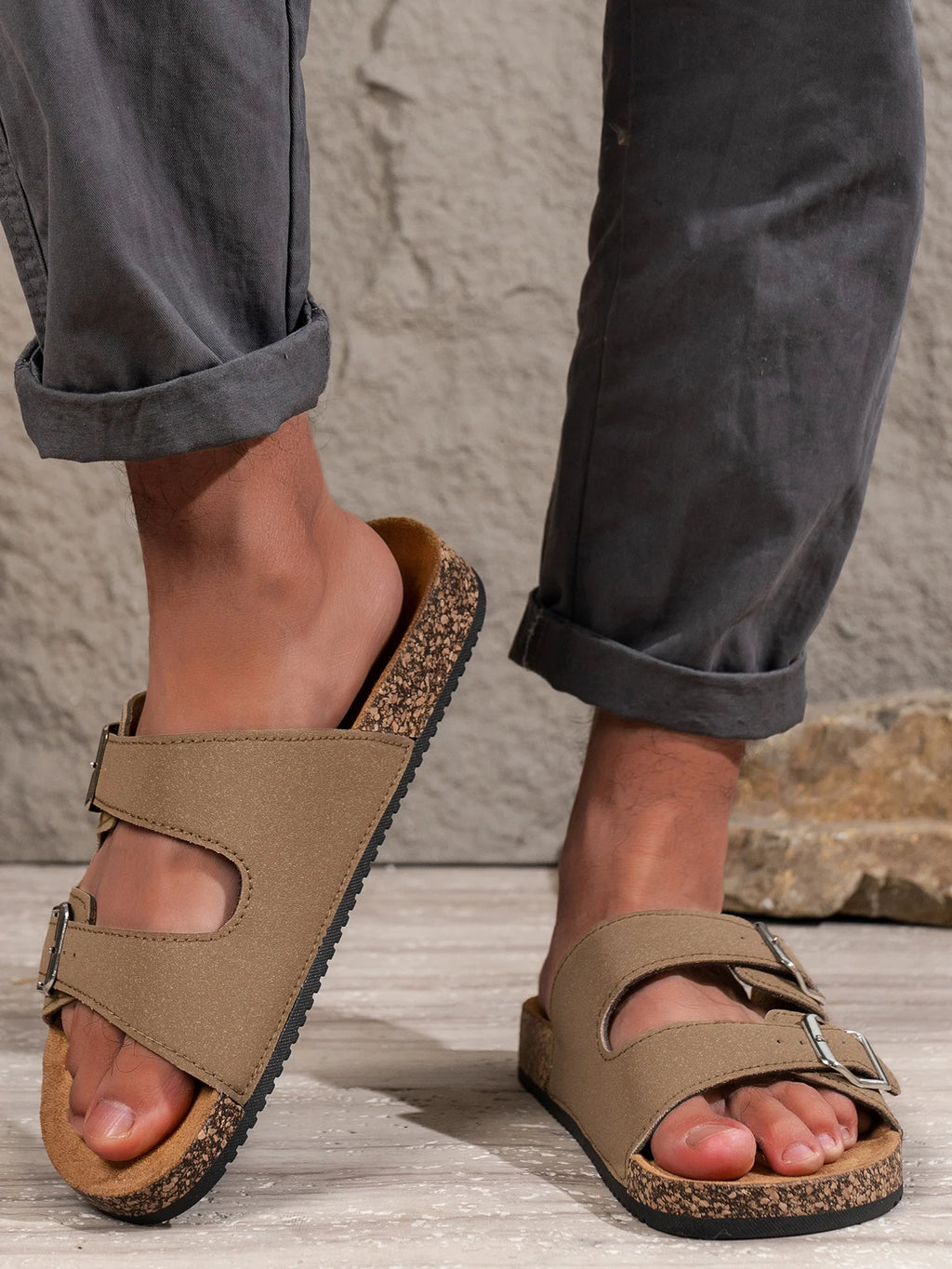 Men's Teen Mules New Spring and Summer Retro Casual Slip-On Shoes Pu Upper Double Strap Half Slippers with Adjustable Buckle