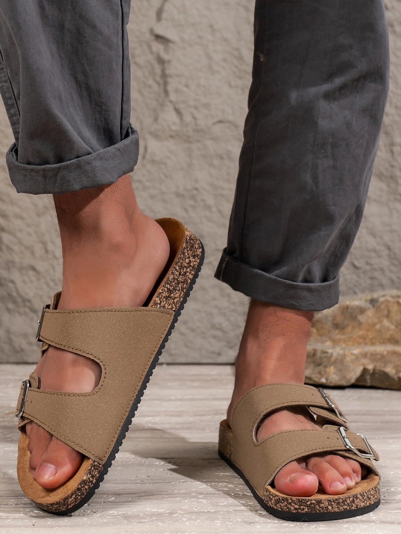 Men's Teen Mules New Spring and Summer Retro Casual Slip-On Shoes Pu Upper Double Strap Half Slippers with Adjustable Buckle