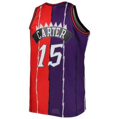 T.Raptors #15 Vince Carter Mitchell & Ness Big & Tall Hardwood Classics 1998-99 Split Swingman Jersey PurpleRed Stitched American Basketball Jersey